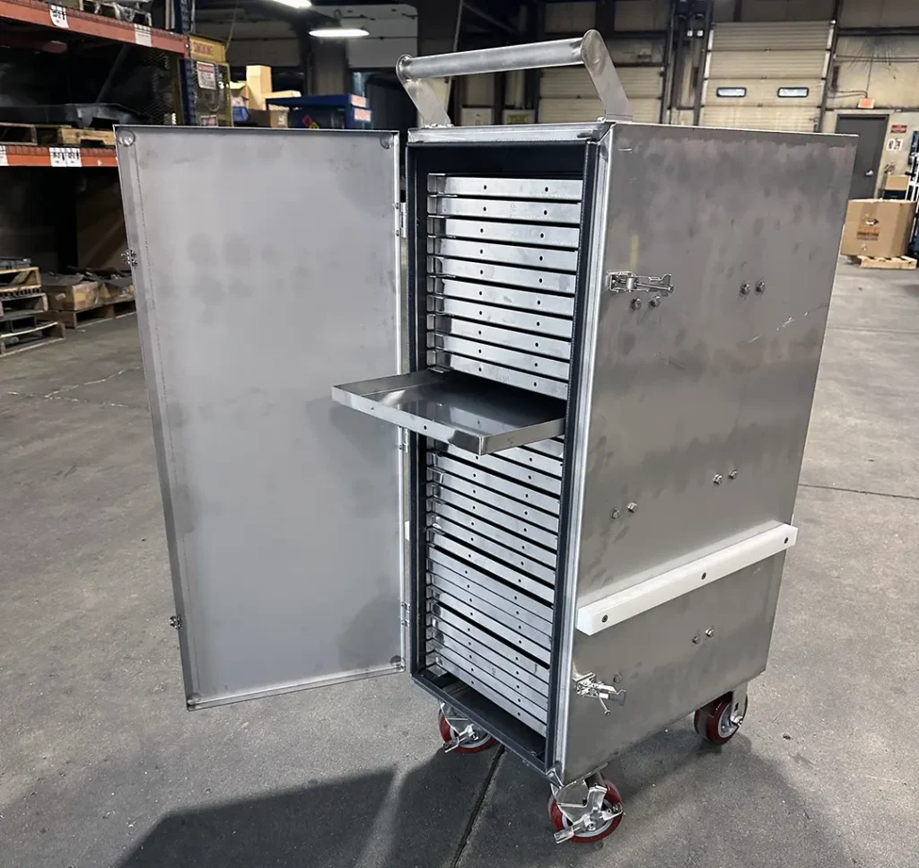 Stainless Steel Puck Cart Cleanroom WIP door open shelf out view