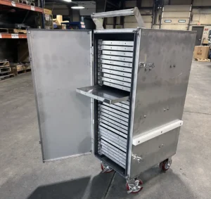 Stainless Steel Puck Cart Cleanroom WIP door open shelf out view