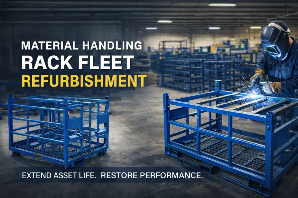 Material handling steel rack fleet refurbishment with structural repair and welding