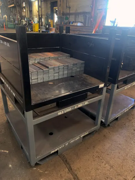 Custom Steel Parts Bins and Stands for Indiana Bridge bin on stand