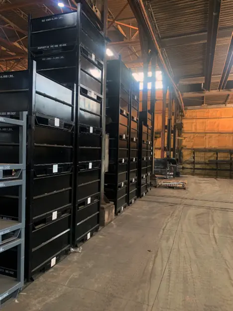 Custom Steel Parts Bins and Stands for Indiana Bridge row stack