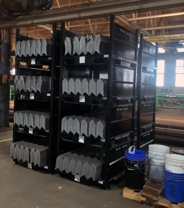 Custom Steel Parts Bins and Stands for Indiana Bridge stacked with parts